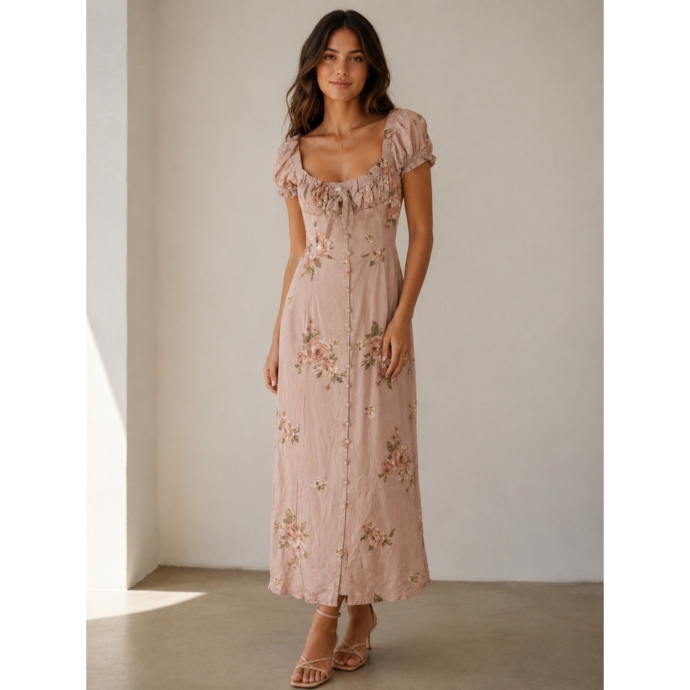 Altar'd State Pink Floral Linen Blend Milkmaid Midi Dress Sz XS Cottagecore Boho